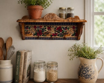 Rustic Wooden Wall Shelf with 3 Pegs Sparrow Bird Floral Fabric Inlay Brown 14in