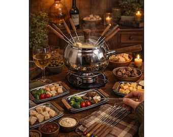 Juego de fondue vintage MCM de acero inoxidable, fabricado en Japón, con mangos de madera, incluye olla, 8 platos y 8 tenedores.