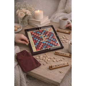 Può includere: Un gioco da tavolo Scrabble su un tavolo di legno. Il tabellone è aperto, con alcune lettere posizionate sopra. Sono sparse tessere di lettere di legno aggiuntive e portatessere. Sono presenti anche un sacchetto bordeaux con coulisse e due tazze.