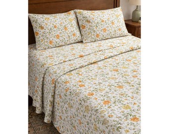 Juego de sábanas vintage JCPenney tamaño Queen con estampado floral en naranja, amarillo y rosa, estilo retro de los años 70, 4 piezas, estilo MCM.