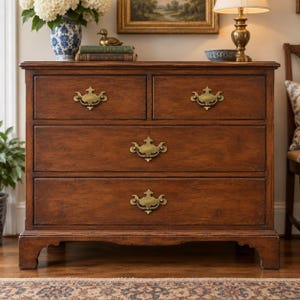 May include: A wooden chest of drawers with a medium brown finish, featuring two smaller top drawers and two full-width bottom drawers. Each drawer is equipped with ornate brass-toned metal pull handles. The piece stands on four bracket feet.