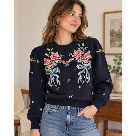 Vintage Herman Geist Wool Sweater S Hand Embroidered Floral Roses Cottagecore