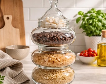 Antyczne, trzypoziomowe, składane szklane słoiki apteczne, przezroczyste, 10"