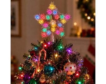 Vintage 1989 Atico 21 Multi Color Lights Star Christmas Tree Topper Tinsel Gold