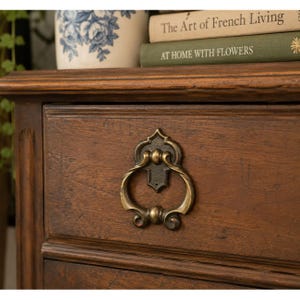 May include: A dark brown wooden drawer featuring a decorative brass drop handle with a textured backplate. The drawer front has a rectangular frame detail. Above the drawer, two books are visible with the text The Art of French Living.