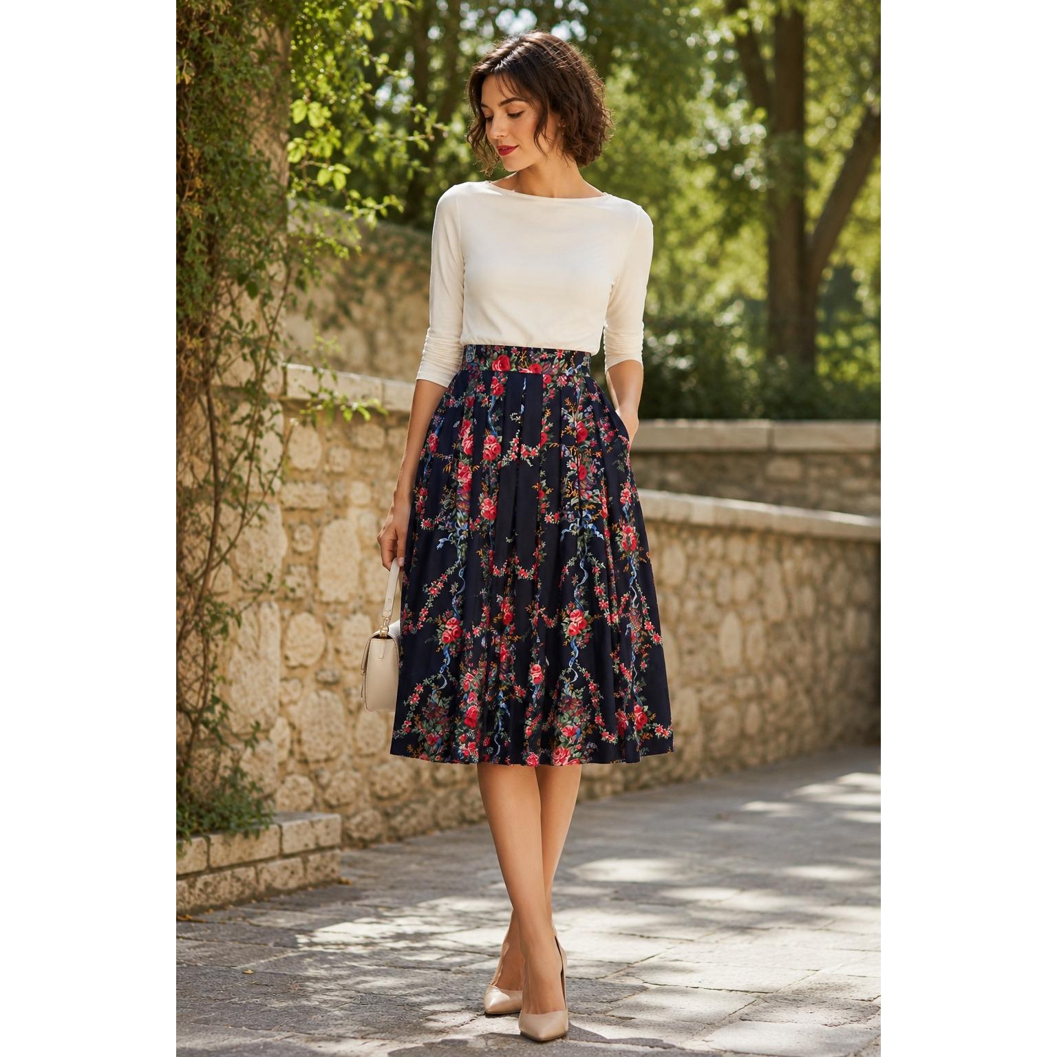 Herman Geist Vintage Navy Floral Pleated Midi Skirt Pockets Rayon