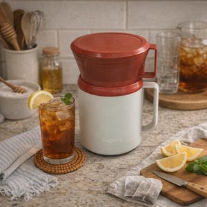 May include: A white and red iced tea maker with a glass of iced tea, lemon, and mint. The tea maker has a red lid and handle, and the words "MR. COFFEE" are printed on the side.