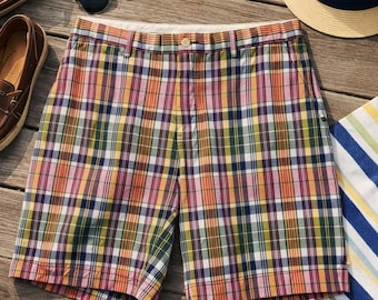 Pantalones cortos Polo Ralph Lauren a cuadros para hombre, talla 34, rojo, verde, amarillo, frente plano, estilo preppy Madras
