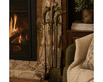 Vintage Messing Kamin Werkzeug-Set Pferdekopf Griffe Reiter Herd Set 4-tlg