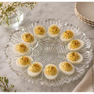 May include: A clear, decorative glass platter displays a dozen devilled eggs. Each egg half is filled with a yellow mixture and garnished with green herbs. A vase of white flowers and a stack of plates are in the background.