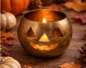 Vtg Solid Brass Jack-O-Lantern Votive Candle Holder Halloween Pumpkin India