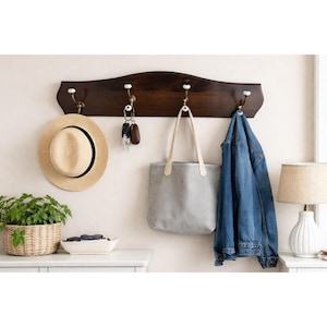 Vintage Wood Wall Coat Rack 4 Hooks Brass Porcelain Knobs 36" Wall Mount