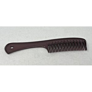 May include: A dark brown comb with a handle and closely spaced teeth. The handle has a small hole at the end. The comb is designed for grooming and styling hair.