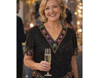 Top vintage Laurence Kazar 100 % seda con lentejuelas M* con cuentas para fiesta, cóctel y festoneado