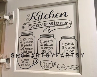 kitchen conversion chart decal for your kitchen for measurements with gallons, quarts, cups, ounces, mason jars