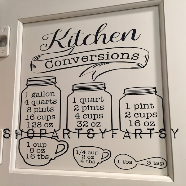 kitchen conversion chart decal for your kitchen for measurements with gallons, quarts, cups, ounces, mason jars