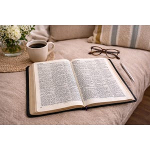 May include: An open book with black cover and cream-colored pages lies on a bed. A cup of coffee, glasses, and a pen are nearby. The scene is set on a beige bedspread with pillows and a vase of white flowers.