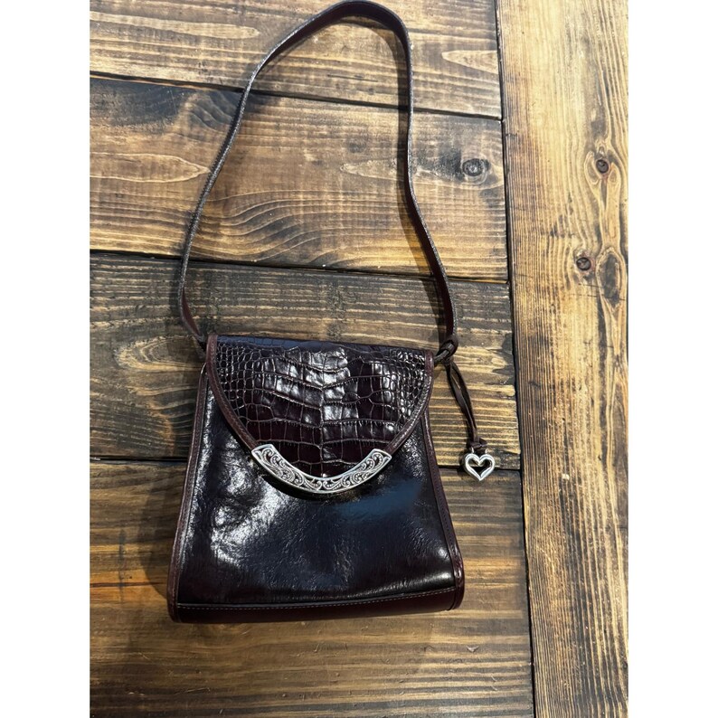Brighton Brown Leather Croc Embossed Crossbody Bag Silver Filigree Heart Charm image 13