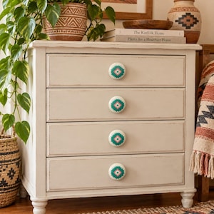 Vintage Southwestern Ceramic Cabinet Knobs Green Pink Geometric Set of 4