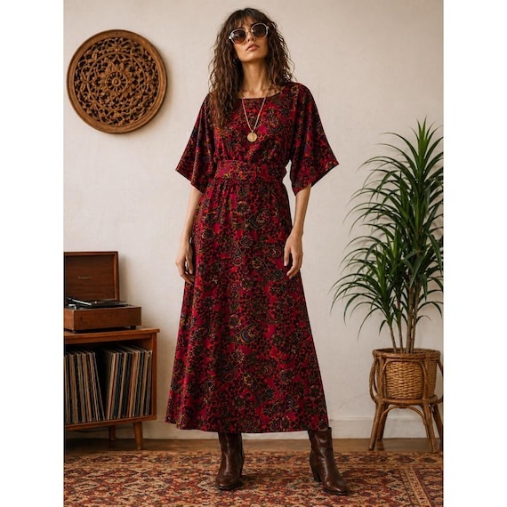 velvet boho maxi dress intage 70s Paisley Handmade Medium Retro Hippie Festival flowy sleeves and left