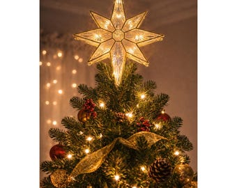 Vintage Lighted Bethlehem Star Christmas Tree Topper Gold Clear 8 Point Star