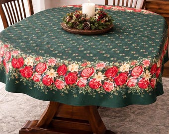 Vintage Christmas Oval Tablecloth Green Red Roses Holly Floral 69x51.5 Holiday