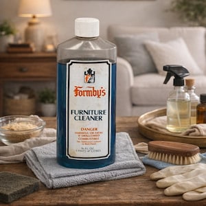 May include: A bottle of Formby's Furniture Cleaner with a white cap and a black and white label. The bottle contains a blue liquid. The label states '16 fl oz (1 pint) 47 litres'. Other cleaning supplies are on a wooden table.