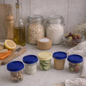 Puede incluir: Una colección de frascos y recipientes de vidrio llenos de varios alimentos. Los frascos tienen tapas azules y amarillas. Los ingredientes incluyen nueces, uvas, pepinos y una salsa cremosa. Otros artículos incluyen avena, harina, sal y una botella de aceite.