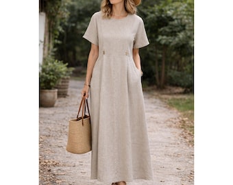 Vintage FLAX Linen Dress L Women's Natural Beige Short Sleeve Pockets Large FLAX