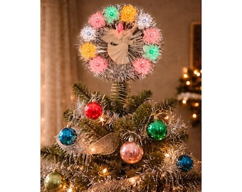 Vintage Lighted Angel Christmas Tree Topper Silver Tinsel Wreath Multi Color 8in