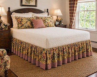 Spódnica Evelyn Queen Bed Vintage Ralph Lauren z czerwonej kratki w kwiaty z recyklingu