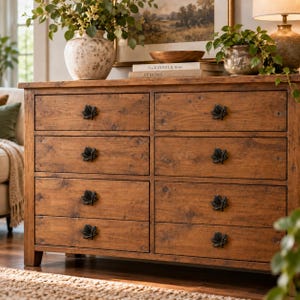 May include: A wooden dresser featuring eight drawers arranged in two columns. Each drawer is equipped with a dark, leaf-shaped metal pull. The wood has a natural, medium-brown finish with visible grain patterns and knots throughout the surface.
