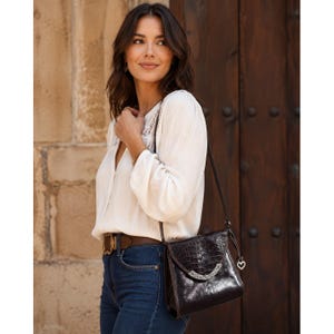 Brighton Brown Leather Croc Embossed Crossbody Bag Silver Filigree Heart Charm image 1