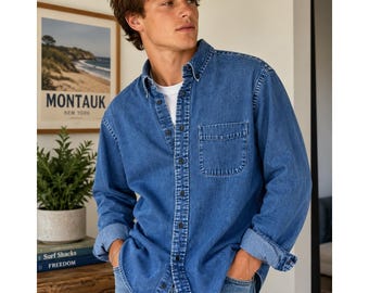Camicia in denim Roundtree & Yorke da uomo, taglia M, blu, eccellente, a maniche lunghe, con bottoni.