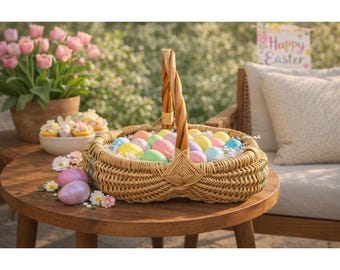 Vintage Primitive Natural Buttocks Basket Easter Gathering Eggs 14" x 13"