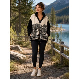 May include: A zip-up fleece jacket featuring a cream-colored front panel with a black tree silhouette print, solid black sleeves, and a high collar. The jacket is paired with solid black leggings and white athletic sneakers for a complete outfit.