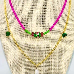 Beaded Gemstone Freshwater Pearl Stack Choker Necklace, Beaded Gemstone Crystal Stack Choker Chain Necklace, Colorful Bright Beaded choker,