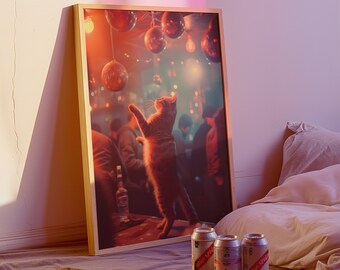 Cat Bar Disco Ball Poster, Polaroid Style Nightclub Poster, Y2k Aesthetic Maximalist Wall Art, Girly Coquette Decor, Disco ball art