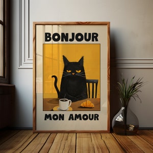 Le Chat Noir Poster, Gelb Bonjour Mon Amour, Katzenbild, Schwarze Katzenmalerei, Le Chat Noir Kunst, Kinderlose Katzenlady, Französisch