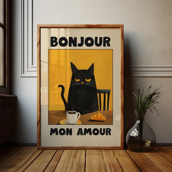 Le Chat Noir Poster: Bonjour Mon Amour Black Cat Yellow Art Print