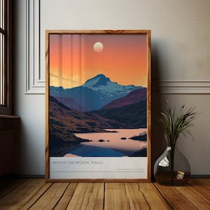 Sunset Over Mount Snowdon Wall Art Print | Wales Travel Poster, Scenic Mountain Illustration, Nature Decor, Travel Souvenir, Modern Art Gift