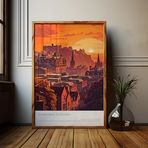 Impressão artística do pôr do sol no Castelo de Edimburgo: pôster de viagem à Escócia