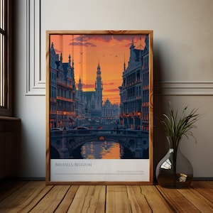 Brussels Belgium Sunset Poster, Brussels Travel Art, Belgium Travel Souvenir, Europe Vacation Souvenir, Europe Holiday Gift, Wunderlust