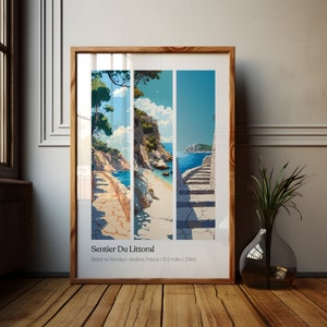 Sentier Du Littoral Antibes Hike Print, Cartel de senderismo Cap d'Antibes, Sentier Du Littoral Bidart a Hendaya Hike, Arte del Golfo de Vizcaya, Antibes
