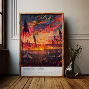 Póster estilo pintura al óleo de Glastonbury, arte de la pared de Glastonbury, recuerdo del festival, obras de arte del festival de Glasto, recuerdos musicales, regalo para amantes de la música