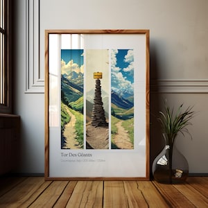 Może przedstawiać: Oprawiony wydruk artystyczny przedstawiający górski krajobraz ze ścieżką wijącą się przez doliny. Grafika podzielona jest na trzy pionowe panele. Wysoki stos kamieni ze znakiem "checkpoint" znajduje się na środku. Tekst "Tor Des Géants" znajduje się na dole.