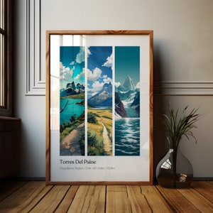 Cartel de senderismo de Torres Del Paine, Arte de la pared de Torres Del Paine Patagonia, Cartel de la Patagonia, Regalo de arte de la pared de Chile