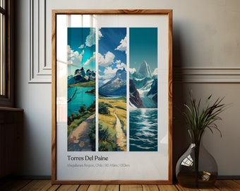 Póster de senderismo en Torres del Paine: Arte mural de la Patagonia chilena