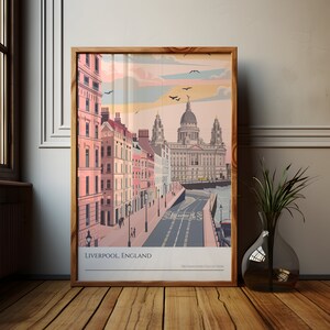Cartel rosa de la costa de Liverpool, arte de la pared de Liverpool Inglaterra, regalo de viaje de Inglaterra, recuerdo de viaje del Reino Unido, arte de la pared del Reino Unido, cartel de la ciudad, Wunderlust
