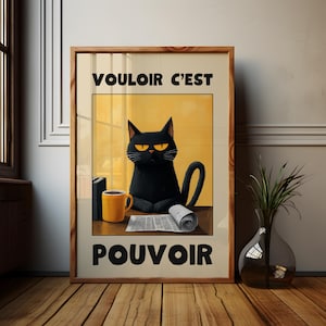 Vouloir C'est Pouvoir, Le Chat Noir Poster, Yellow French Cat, Black Cat Print, Corporate Cat, Gift for Cat Lovers
